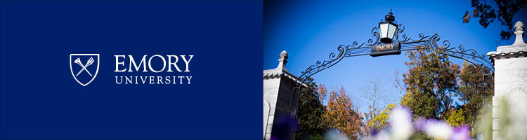 Haygood-Hopkins gate against bright blue sky, emory logo against blue background on left