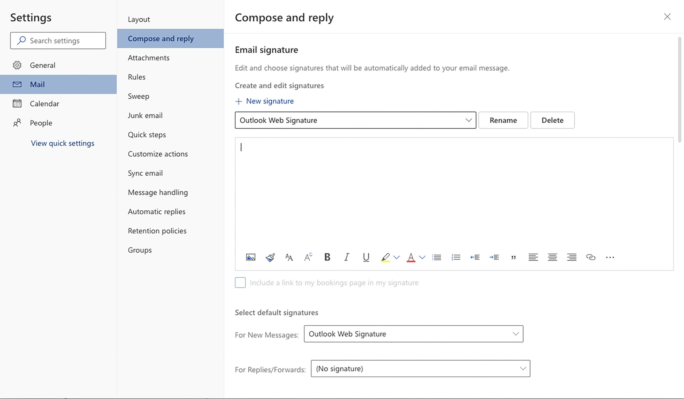 screen capture of Outlook compose and reply menu
