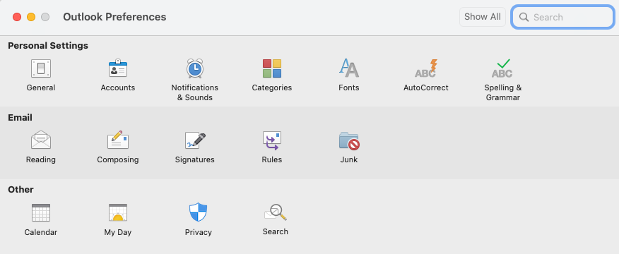 screen capture of Outlook preferences menu