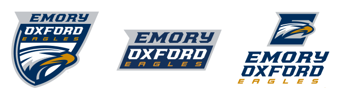 three versions of Oxford Emory athletic logos in blue, gold, gray, and white