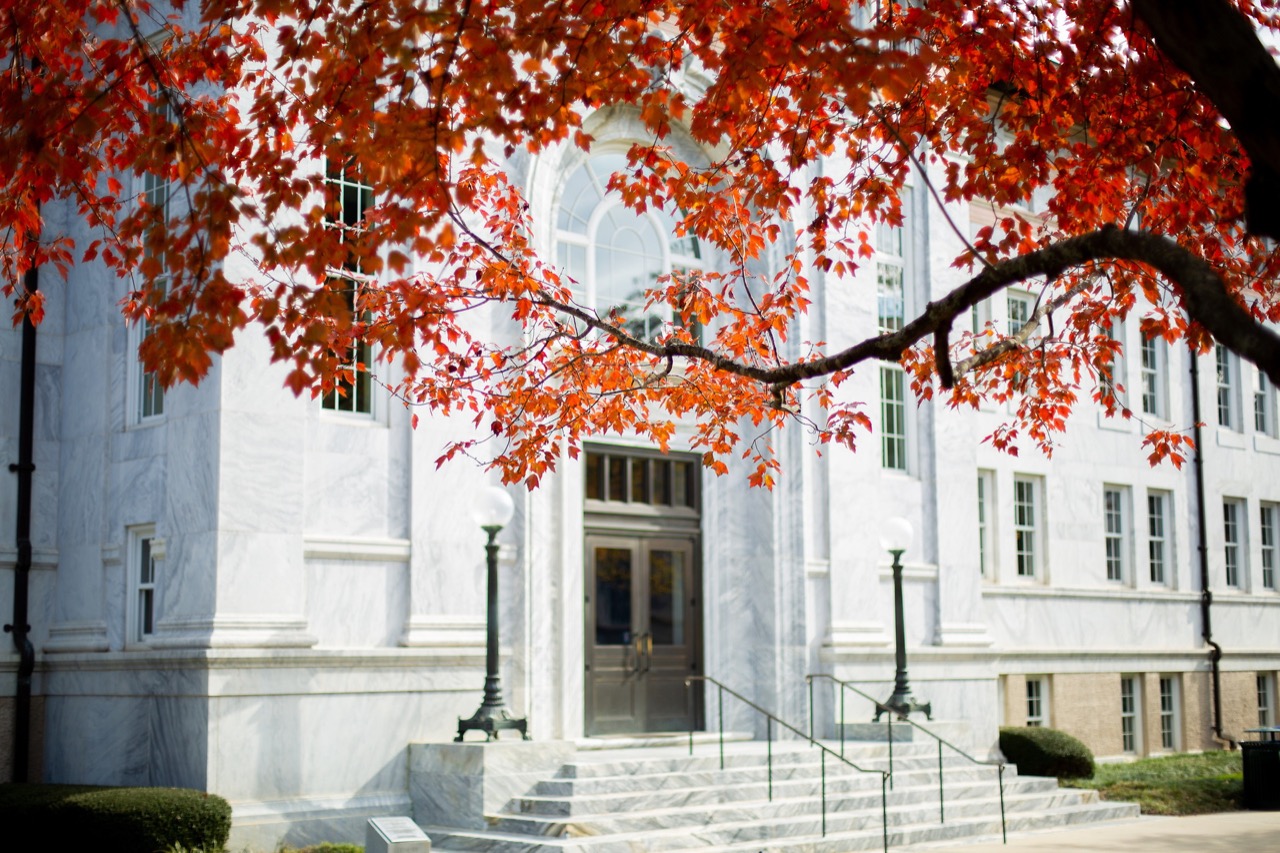 candler library white marble and steps with red fall leaves in front