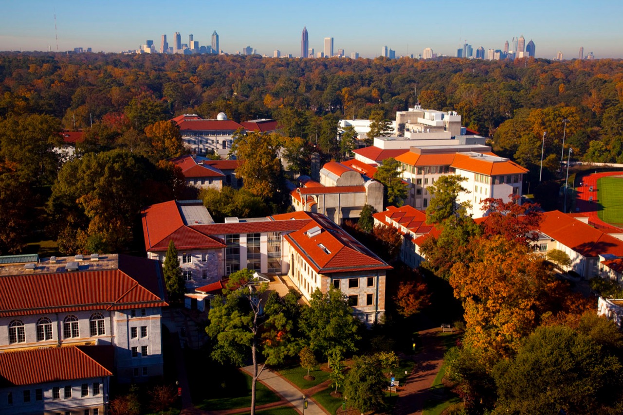 aerial shot of campus showing emory's red tile roofs