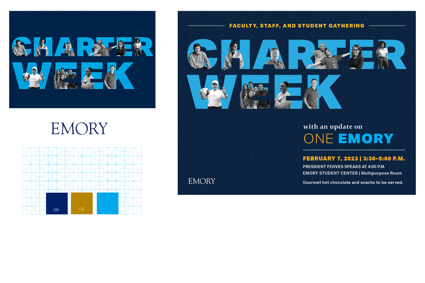 blue block letters with the words Charter Week and images of people appearing between the letters