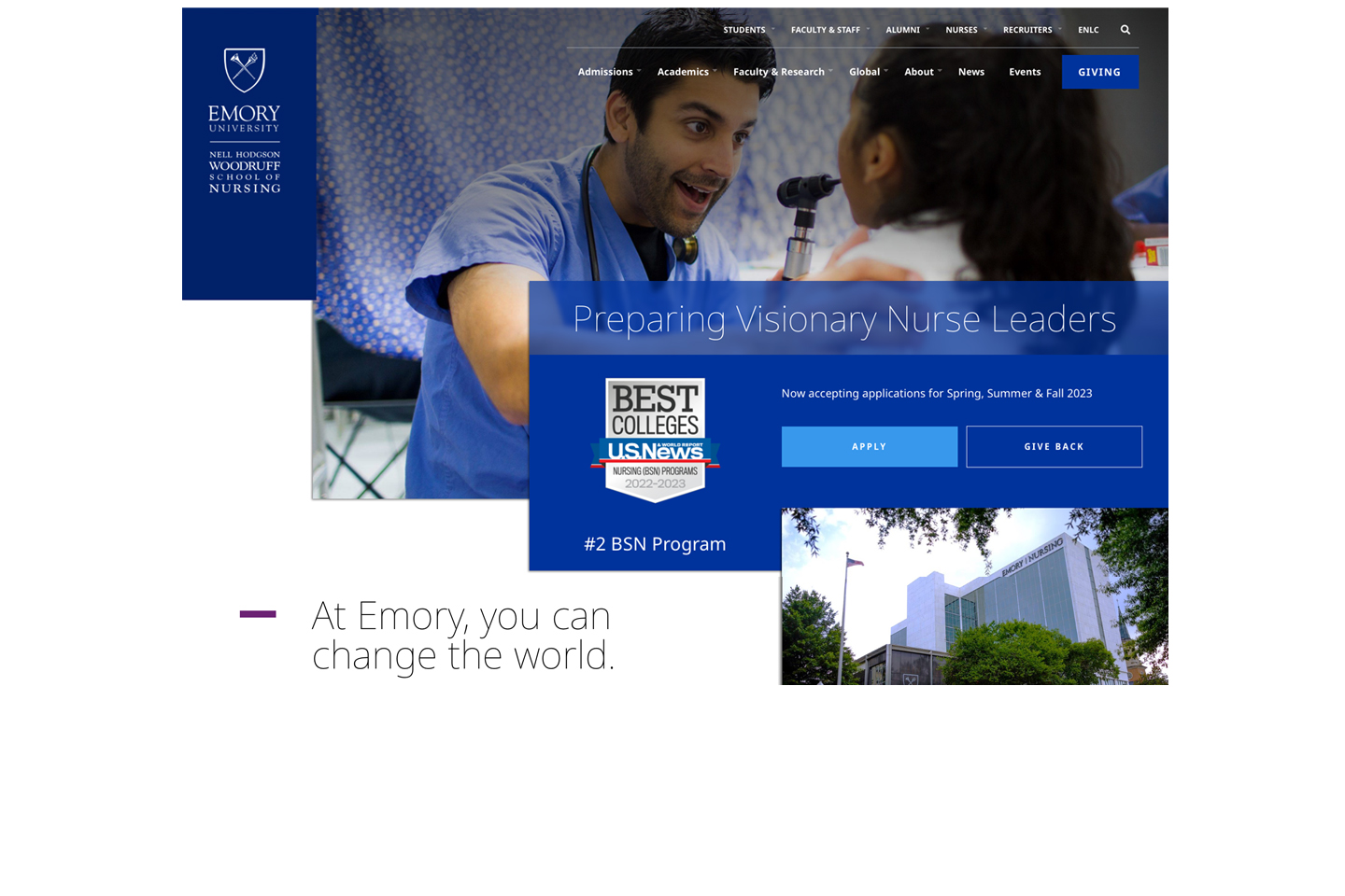 image of School of Nursing home page